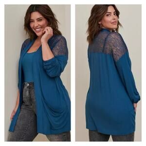 Torrid Super Soft Knit Lace Yoke Cardigan Teal Green slouchy pockets